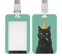 Black Cat Wearing Birthday Hat ID Badge Holder Retractable Clip Card Holder Card Protector Name Badge Name Tag for Work Office Doctor Nurse