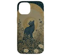 Black Cat Wildflower Plant Pattern Celestial Case for iPhone 14