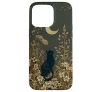 Black Cat Wildflower Plant Pattern Celestial Case for iPhone 15 Pro Max