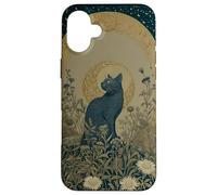 Black Cat Wildflower Plant Pattern Celestial Case for iPhone 16 Plus