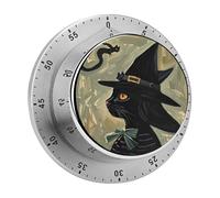 Black Cat Witch Kitchen Timers for Cooking 60 Minute Wind Up Timer, Magnetic Back, Visual Mechanical Timer with Loud Alarm, Manual Countdown Timers for Classroom Home Gym Tanning