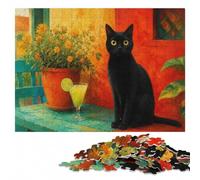 Black Cat with Cocktail Painting Jigsaw Puzzle for Adults, 500 Pieces | Border-first building - a simple way to organise the image alone or together.