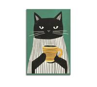 Black Cat with Coffee Mug Hanging Paintings Poster, Cute Modern Wall Art, Minimalist Animal Print for Kitchen Bedroom Living Room Apartment Decor 20x30inch(50x75cm)