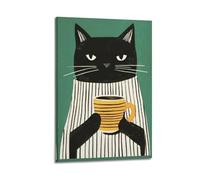 Black Cat with Coffee Mug Hanging Paintings Poster, Cute Modern Wall Art, Minimalist Animal Print for Kitchen Bedroom Living Room Apartment Decor 24x36inch(60x90cm)