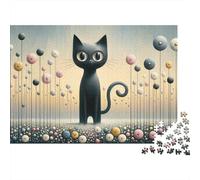 Black Cat with Flowers Jigsaw Puzzles Puzzles for Adults Kids. 1000 Pieces Whimsical Challenge Toy Educational Game Home Decoration for Adults& Kids Age 14 Years Up 52x38cm/1000pcs
