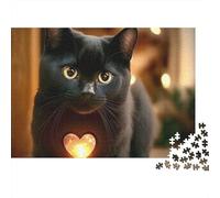 Black Cat with Glowing Heart 1000 Pieces Jigsaw Puzzle, Colourful Love Black Cat Home Decor, Stress Relief Jigsaw for Adults, Challenging Puzzle, 38x26cm/1000pcs