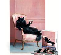 Black Cat with Martini in Pink Chair Jigsaw Puzzles for Teenagers 1000 Sharp Recall Restful Activity Snug Fit Unique Gift (38x52cm)