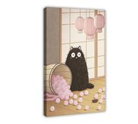 Black Cat with Mochi Balls Canvas Poster Bedroom Decor Landscape Office Room Decor Gift 12x18inch(30x45cm)