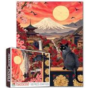 Black Cat with Mount Fuji 1000 Piece Jigsaw Puzzle for Adults Students Japanese Landscape Red Sky Waterfalls Cherry Blossoms Vibrant Colors Art Jigsaws 20X27 Inches Relaxing Challenging Puzzles