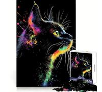 Black Cat with Rainbow Splashes Puzzles for Adults 1000 Puzzles Focus Ability Stress Free Fun Interlock Well Perfect Xmas (38x52cm)
