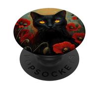 Black Cat With Red Poppies Painting PopSockets Adhesive PopGrip