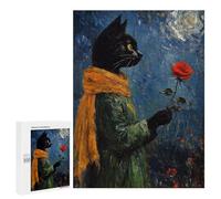 Black Cat with Red Rose Painting Puzzle 1000 Teile Schwer Puzzle Spielzeug Lernspiel Impossible Herausforderungsspielzeug Für Erwachsene Kinder 500 PCS