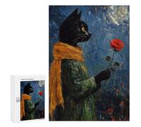 Black Cat with Red Rose Painting Puzzle 1000 Teile Schwer Puzzle Spielzeug Lernspiel Impossible Herausforderungsspielzeug Für Erwachsene Kinder 300 PCS