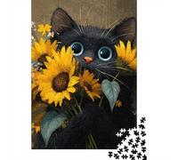 Black Cat with Sunflowers Jigsaw Puzzles Puzzles for Adults Kids. 1000 Piece Whimsical Challenge Toy Educational Game Home Decoration for Educational Games Gifts 38x26cm/1000pcs