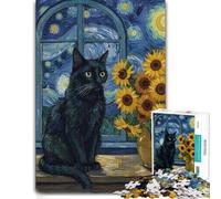 Black Cat with Sunflowers, Starry Night Jigsaw Puzzle, 500 Pieces | Jigsaw Puzzle Gift - sorting by colour, shape or image area over several sessions.