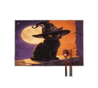 Black Cat with Witch Hat for Halloween Placemats Set of 6,Decorating The Dining Table，Canvas Washable Table Mats，Wipe Clean Anti Slip Dining Table Place Mats for Party Kitchen Dining Decoration