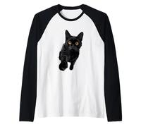 Black Cat Yellow Eyes Curious Kitten Paw Reaching Out Funny Raglan Baseball Tee