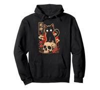 Black Cat Yokai Skull Sakura Gothic Japanese Art Halloween Pullover Hoodie