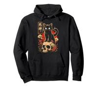 Black Cat Yokai Skull Sakura Gothic Japanese Art Halloween Pullover Hoodie