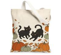Black Cats And Pumpkins Fall Theme Cat Halloween Canvas Tote Bag 13x15 Inch | Playful Feline Art, Harvest Pumpkins Theme, Seasonal Autumn Leaves, Cozy Fall Aesthetic, Lightweight Fabric