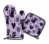 Black Cats Hearts Purple Oven Mitts & Pot Holders BBQ Gloves, Heat Resistant Kitchen Oven Gloves Hot Pads for Cooking Baking Grilling