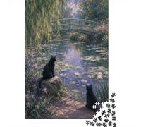 Black Cats in An Impressionist Garden 1000-Piece Puzzle for Adults, 70x50cm/1000pcs; White Pieces with A Smooth Surface; Shared Family Time Around The Table