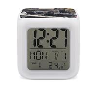 Black Cats Lying on The Piano Keyboard Alarm Clocks LED Digital Clock with 7 Colors Changing 3" Cube Wake Up Clock with Temperature Snooze Silent Night Light Battery Operated Beside Lamp for Bedroom D