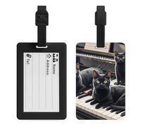 Black Cats Lying on The Piano Keyboard Luggage Tags Suitcases - TPU Travel Bag Tags with Name Id Label and Black Loop - Unique Cute Id Labels for Women Men Suitcase Baggage Bag Backpack Instrument