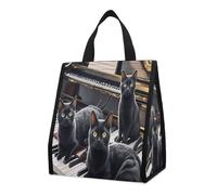 Black Cats Lying on The Piano Keyboard Lunch Bag for Women Men Cooler Bags Foldable Lunch Box Large Capacity Reusable Insulated Cooler Leakproof Lunch Tote Bag for Work Picnic Beach Or Travel