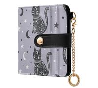 Black Cats Stars Print Small Women Wallet RFID Blocking PU Leather Bifold Compact Card Holder with Coin Pocket Zipper Purse for Ladies Women Girls