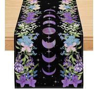 Black Celestial Moon Phase Table Runner with Floral Borders, Purple Lunar Cycle Cotton Linen Tabletop Decor for Boho Mystic Dining Room Kitchen Parties 13x36 Inch