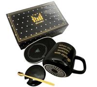 Black Ceramic Quote Mug with USB Warming Plate - Includes Lid & Spoon, Desk-Friendly USB Heat Plate to Gently Maintain Warmth, Not a Reheating Device - Gift Pack