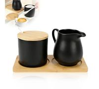 Black Ceramic Sugar and Creamer Set with Lid Spoon and Wooden pallets
