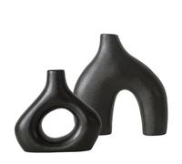 Black Ceramic Vase Set of 2 for Modern Home Decor, Round Matte Donut Vases for Pampas Grass, Neutral Boho Nordic Minimalism Style Flower Vases for Living Room Wedding Dinner Table Party Office Bedroom