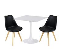 (Black Chairs) Charles Jacobs White Square Ceramic Dining Table & 2 Tulip Design Chairs Dining Set Seat Dinner Kitchen
