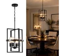 Black Chandelier, 4 Lights Chandeliers Ceiling Light, E27 Black Pendant Light Fitting with Geometric Shade, Modern Chandelier Ceiling Lights for Living Room, Dining Room, Bedroom Kitchen, Hallway