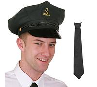 BLACK CHAUFFEUR HAT AND BLACK TIE FANCY DRESS COSTUME ACCESSORY CELEBRITY PERSONAL LIMO DRIVER VALET PROFESSIONAL LOOK BLACK BADGE GOLD STITCHING CHAUFFEURS CLUB