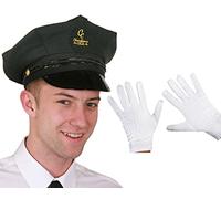 BLACK CHAUFFEUR HAT AND WHITE GLOVES FANCY DRESS COSTUME ACCESSORY CELEBRITY PERSONAL LIMO DRIVER VALET PROFESSIONAL LOOK BLACK BADGE GOLD STITCHING CHAUFFEURS CLUB
