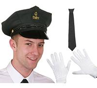 BLACK CHAUFFEUR HAT + BLACK TIE AND WHITE GLOVES FANCY DRESS COSTUME ACCESSORY CELEBRITY PERSONAL LIMO DRIVER VALET PROFESSIONAL LOOK BLACK BADGE GOLD STITCHING CHAUFFEURS CLUB