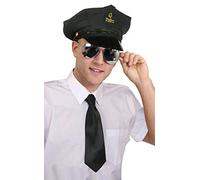 Black Chauffeur Hat, Black Tie, White Gloves & Silver Mirrored Glasses - Chauffeur Fancy Dress Costume Accessory Personal Limo Driver Valet