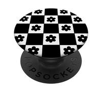 Black Checkered Checker Checkerboard Retro Flower Pattern PopSockets Adhesive PopGrip