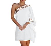 Black Chiffon Dress Summer Dress for Women One Shoulder Half Sleeve Bat Solid Casual Dresses Loose Metal Strap Beach Mini Dresses for Women Spring Maxi One Shoulder, C-white, XL
