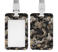Black Chinese Dragon ID Badge Holder with Lanyard - Hard Plastic ID Card Holder Waterproof Name Tag Holders, Heavy Duty Badge Reel Vertical Card Protector for Office Nurse Teacher