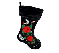 Black Christmas Stocking, Velvet and Faux Fur Trim - Red Roses Embroidery, Goth Hexmas Decor, Deluxe Gothic Xmas Decoration
