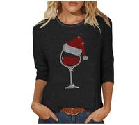 Black Christmas T Shirts Women, 3/4 Sleeve Tops Wine Glass Jumpers Funny Christmas Tshirt Sequin Party Tops Novelty Xmas Jumpers Crew Neck T Shirt Pullover Blouse Xmas Tshirt Tunic Top