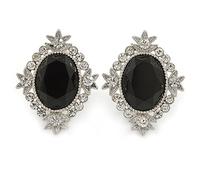 Black/Clear Crystal Oval Clip On Earrings/Rhodium Plating/ 35mm L