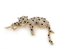 Black/Clear Diamante 'Leopard' Brooch In Gold Plating - 75mm Across