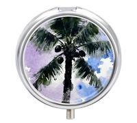 Black Coconut Tree Round Pill Box Cute Small Fish Oil Cases Portable 3 Compartment Pill Boxes Round Pill Case with Mirror for Vitamins Medication Supplements Gift