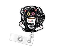 Black Coffee Cat Badge Reel - Funny It's Fine I'm Fine Everything is Fine Badge Clip Retractable with ID Clip for Nurse Nursing Name Tag Card Cute Glitter Badge Holder for Doctor Teacher Student MA