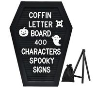 Black Coffin Letter Board with Wooden Stand, 400 Characters Include Spooky & Seasonal Emojis, Coffin Shaped Gothic Halloween Decorations Birthday Wedding Home Office Sign Spooky Gifts, 28 x 40 cm